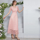French Minority Slimming Mesh Stitching U Collar Solid Color Dress